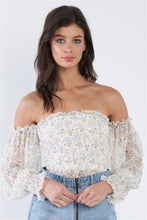 Load image into Gallery viewer, Off-White Sheer Floral Off-The-Shoulder Peplum Top