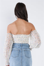Load image into Gallery viewer, Off-White Sheer Floral Off-The-Shoulder Peplum Top