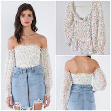 Load image into Gallery viewer, Off-White Sheer Floral Off-The-Shoulder Peplum Top