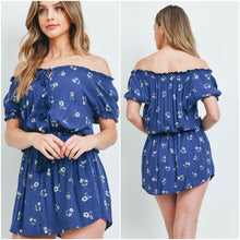 Load image into Gallery viewer, Off Shoulder Blue Floral Dress