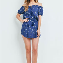 Load image into Gallery viewer, Off Shoulder Blue Floral Dress