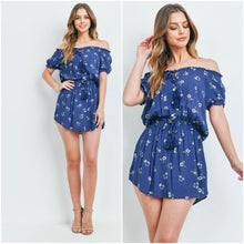 Load image into Gallery viewer, Off Shoulder Blue Floral Dress