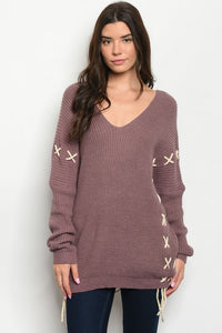 MAUVE CHUNKY KNIT LACE UP SWEATER TUNIC