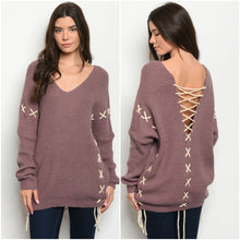 Load image into Gallery viewer, MAUVE CHUNKY KNIT LACE UP SWEATER TUNIC