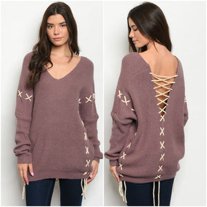 MAUVE CHUNKY KNIT LACE UP SWEATER TUNIC